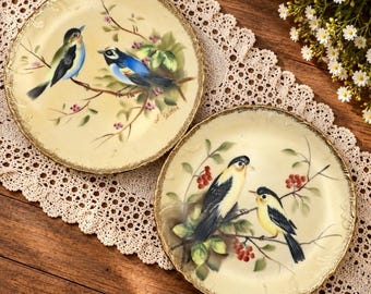 Vintage Enesco Japan Hand Painted Bird Plates 8.5" Pair Gold Trim Signed