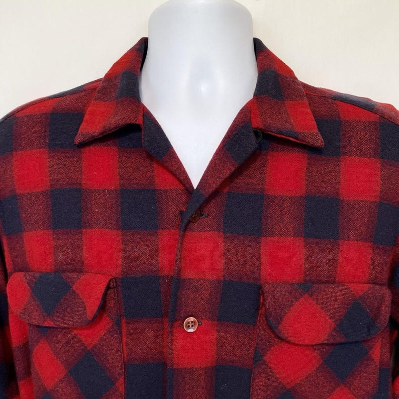 Vintage 60s Pendleton Board Shirt Mens L Red Navy Wool Plaid Loop Collar image 4