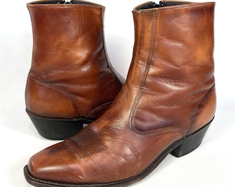 Botas vaqueras vintage Laredo de cuero marrón hasta el tobillo para hombre, talla 9.5 ancha, con cremallera lateral.