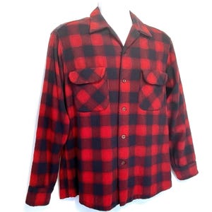 Vintage 60s Pendleton Board Shirt Mens L Red Navy Wool Plaid Loop Collar image 3