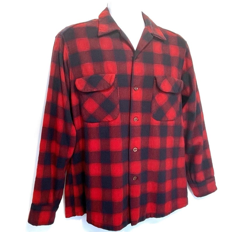 Vintage 60s Pendleton Board Shirt Mens L Red Navy Wool Plaid Loop Collar image 3