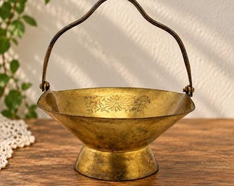 Vintage Brass Footed Basket Bowl Etched Floral Swing Handle Pedestal 6"