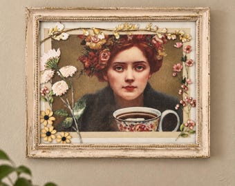 Victorian Style 3D Decoupage Floral Woman Tea Cup Wood Framed Wall Art 11x9