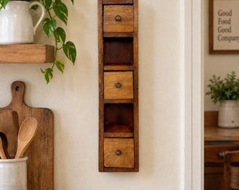 Vintage Vertical Wooden Wall Hanging Spice Rack 2 Shelves & 3 Mini Drawers