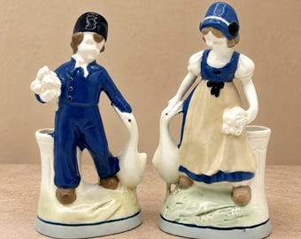Vintage Dutch Boy Girl Goose Flower Holder Vase Planter Pair Blue White 7.5"