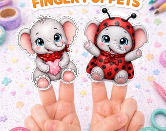 Marionetas de dedo de elefante imprimibles, juguete de papel de elefante, actividad manual para niños, marioneta imprimible para hacer tú mismo, juguete para la hora del cuento en la guardería, descarga instantánea en PDF.