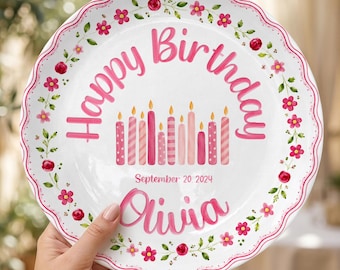 Personalized Birthday Plate, Custom Kids Birthday, Pink Floral Ceramic Plate, First Birthday Gift, Cake Smash Decor for Girls P727U5I0