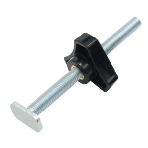 Peut inclure: Un boulon fileté en métal argenté doté d'une base rectangulaire plate à une extrémité et d'un bouton noir en forme d'aile avec un insert central couleur laiton qui se visse le long de la tige filetée pour permettre le réglage.