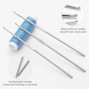 May include: Three silver metal crochet hooks with sizes 1.25mm, 1.90mm, and 1.75mm engraved on the shafts. A spool of light blue thread is positioned behind the hooks. The image includes text stating Metal antirust needle smooth non-stuck wire.
