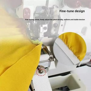 Könnte beinhalten: Ein Nähmaschinenaufsatz zum Kräuseln von Stoff mit einem Metallnähfuß und einer Feineinstellschraube. Der Text lautet: Fine-tune design. Fine-tuning screw, freely adjust the pleat density, uniform and stable tension. Gelber Stoff wird gerafft dargestellt.