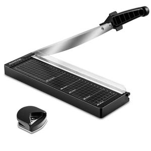 May include: A black paper guillotine cutter with a metal blade, a clear plastic safety guard, and a grid-marked base labeled JHAICCN. The device features a black handle and includes a separate black corner rounding punch tool for paper.