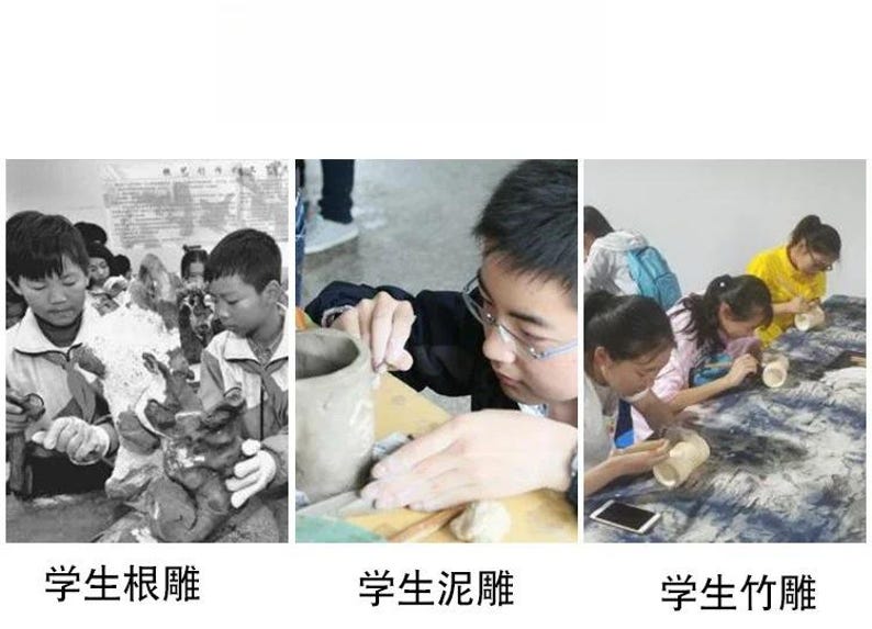 May include: A composite image showing three distinct craft activities: students carving wood, students sculpting with clay, and students carving bamboo, each labeled with Chinese text describing the specific artistic process being performed.