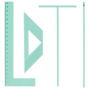 May include: A set of mint green drafting tools including an L-shaped ruler with markings up to 20 cm, a triangular template, a T-shaped square, and a thin straight edge labeled 1.5MM. These precision instruments are made of smooth plastic.