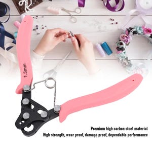 May include: A pair of pink-handled pliers with a black metal head and a spring mechanism. The handle is printed with the text 1.5mm. The tool features a multi-hole design on the head for precision work, constructed from high carbon steel.