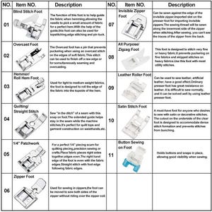 May include: A comprehensive reference chart displaying eleven distinct sewing machine presser feet, including blind stitch, overcast, hemmer, quilting, 1/4 inch patchwork, zipper, invisible zipper, all purpose, leather roller, satin stitch, and button sewing feet.