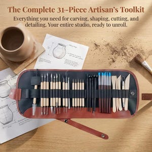 Peut inclure: Un ensemble d'outils d'artisan de 31 pièces dans un étui enroulable, comprenant divers outils de sculpture en métal et en bois, des pinceaux et des instruments de modelage. Le kit contient des ébauchoirs, des aiguilles et des mirettes.