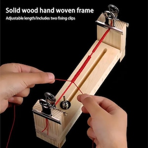 May include: A solid wood hand woven frame with adjustable length and two metal fixing clips. The device features a central slot and a wing nut mechanism for securing cord. Text on the image reads: Solid wood hand woven frame, Adjustable length/includes two fixing clips.
