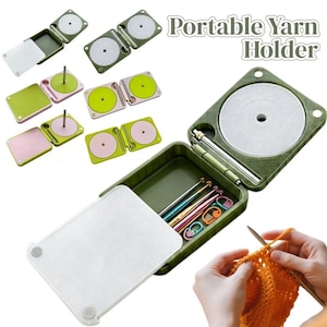 May include: A portable yarn holder featuring a hinged olive green case with a central spindle for yarn, a storage compartment for crochet hooks and stitch markers, and a translucent white lid. The text Portable Yarn Holder is visible.