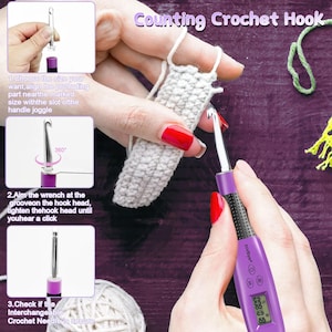 Puede incluir: Un ganchillo digital morado con cabeza de metal plateado y mango negro texturizado. El mango cuenta con una pantalla LCD, botones marcados con S y R, y el texto zcvtbye. La imagen incluye diagramas instructivos para el montaje.
