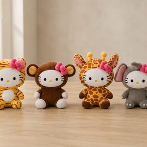 May include: Four Hello Kitty plush toys dressed in animal costumes. From left to right, a yellow and black tiger, a brown monkey, a yellow and brown giraffe, and a gray elephant. Each character features a pink bow on the left ear.