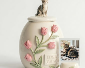 Gepersonaliseerde keramische huisdierenurn | Aangepast beeldje, 3D-tulpen, naamplaatje