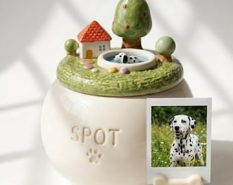 Custom Handmade Ceramic Pet Urn | Personalized 3D Figurine Memorial Ash Jar | Engraved Name & Symbol