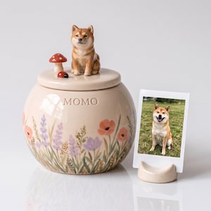 Custom Pet Urn - Ceramic Dog Memorial Jar with Shiba Inu Figurine