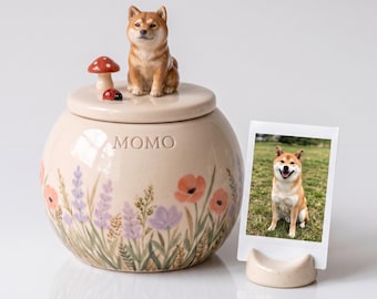 Custom Pet Urn - Ceramic Dog Memorial Jar with Shiba Inu Figurine