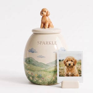 Custom Pet Urn, Ceramic Dog Keepsake Jar with Hand Painted Landscape and Figurine