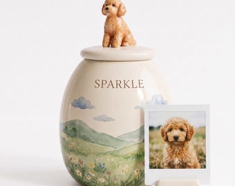 Custom Pet Urn, Ceramic Dog Keepsake Jar with Hand Painted Landscape and Figurine