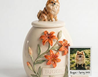 Personalized Ceramic Pet Memorial Urn, Custom Breed Figurine Lid, Floral Accents