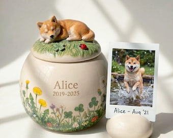 Aangepaste 3D-huisdierenurn met beeldje | Handgeschilderde bloemen gedenkpotje