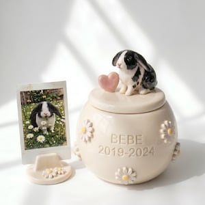 Może przedstawiać: Kremowa ceramiczna urna z akcentami stokrotek i napisem "BEBE 2019-2024". Czarno-biała figurka królika siedzi na pokrywie obok różowego serca. Zdjęcie królika znajduje się w małej ramce.
