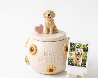 Aangepaste keramische huisdier-urn met gebeeldhouwd portret | Gedenkpot zonnebloem, aandenken hond Cat