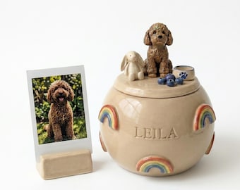 Custom Pet Urn with 3D Figurine | Personalized Ceramic Memorial Jar, Rainbow Bridge Keepsake