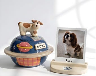 Custom Ceramic Pet Urn with 3D Figurine | Personalized Planet Memorial Jar for Dogs Cats