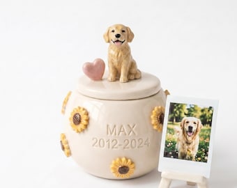 Custom Ceramic Pet Urn with Sculpted Portrait | Sunflower Memorial Jar, Dog Cat Keepsake