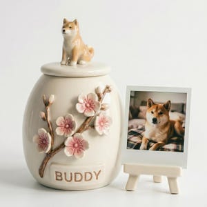 Custom 3D Pet Figurine Urn | Ceramic Dog Cat Keepsake Jar, Cherry Blossom Design