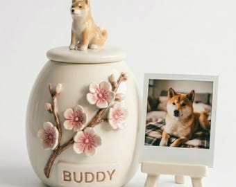 Custom 3D Pet Figurine Urn | Ceramic Dog Cat Keepsake Jar, Cherry Blossom Design