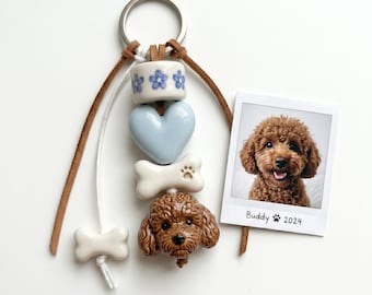 Custom 3D Dog Portrait Keychain | Ceramic-Style Pet Bag Charm, Beaded Keyring, Memorial Keepsake