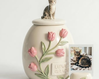 Personalized Ceramic Pet Urn | Custom Figurine, 3D Tulips, Name Plaque
