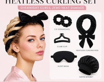 6-Piece Heatless Curling Set with Satin Bonnet & Sleep Mask – Overnight No Heat Curling Rod Kit for Soft Frizz Free Curls