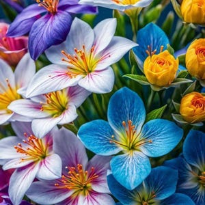 Peut inclure: Un arrangement floral vibrant présentant une variété de fleurs dans des tons de bleu, blanc, violet, rose et jaune. Les fleurs ont des détails de pétales complexes et des étamines jaunes et orange proéminentes, créant un affichage coloré et détaillé.