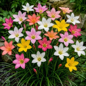 May include: A vibrant cluster of rain lilies featuring six-petaled flowers in shades of white, yellow, pink, and orange. Each bloom sits atop a slender green stem, surrounded by thin, grass-like foliage, creating a dense and colorful floral display.