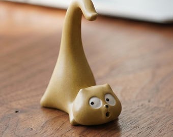 Handmade Ceramic Stretching Cat Figurine | Quirky Desk Decor, Gift for Cat Lovers