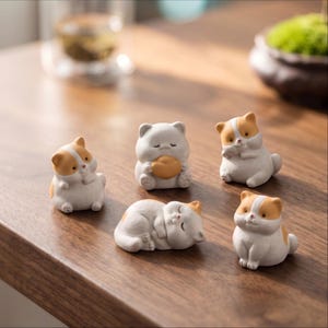 May include: Five small, white cat figurines with orange and brown markings are arranged on a wooden surface. One cat is sleeping, another is holding a round object, and the others are in various sitting positions. The figurines have a cute, cartoonish design.