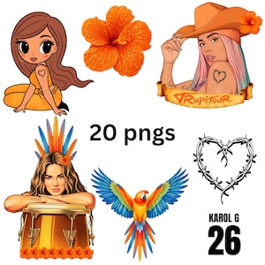 May include: A digital collection of 20 PNG files featuring illustrations of a cartoon character, an orange hibiscus flower, a person in a cowboy hat with the text TROPITOUR, a person with a drum, a colorful macaw, a barbed wire heart, and KAROL G 26.