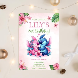 Stitch and Angel Editable Birthday Invitation, Stitch Invitation, Kids Birthday Invite, Hawaii Birthday for Kids, Canva Template
