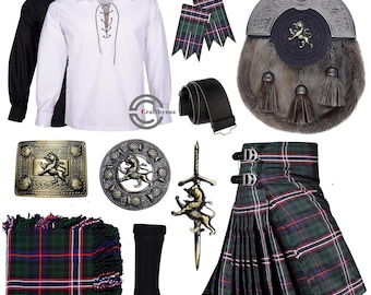Sporran escocés antiguo con león rampante para hombre, 10 piezas, traje de kilt para boda en las Tierras Altas. Disponible en más de 100 tartanes.