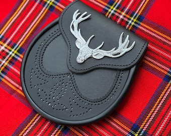 Kilt Sporran Hirschkopf aus Chromleder mit Kettengürtel